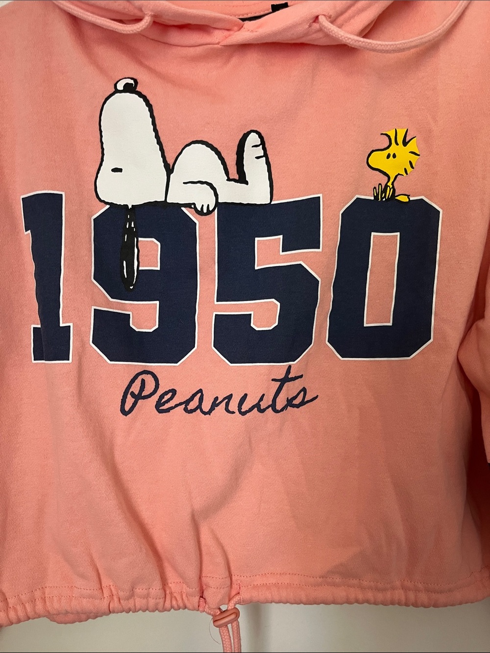 Snoopy Woodstock Peanuts Pink Cropped Boxy Hooded Sweatshirt - Picture 2 of 6